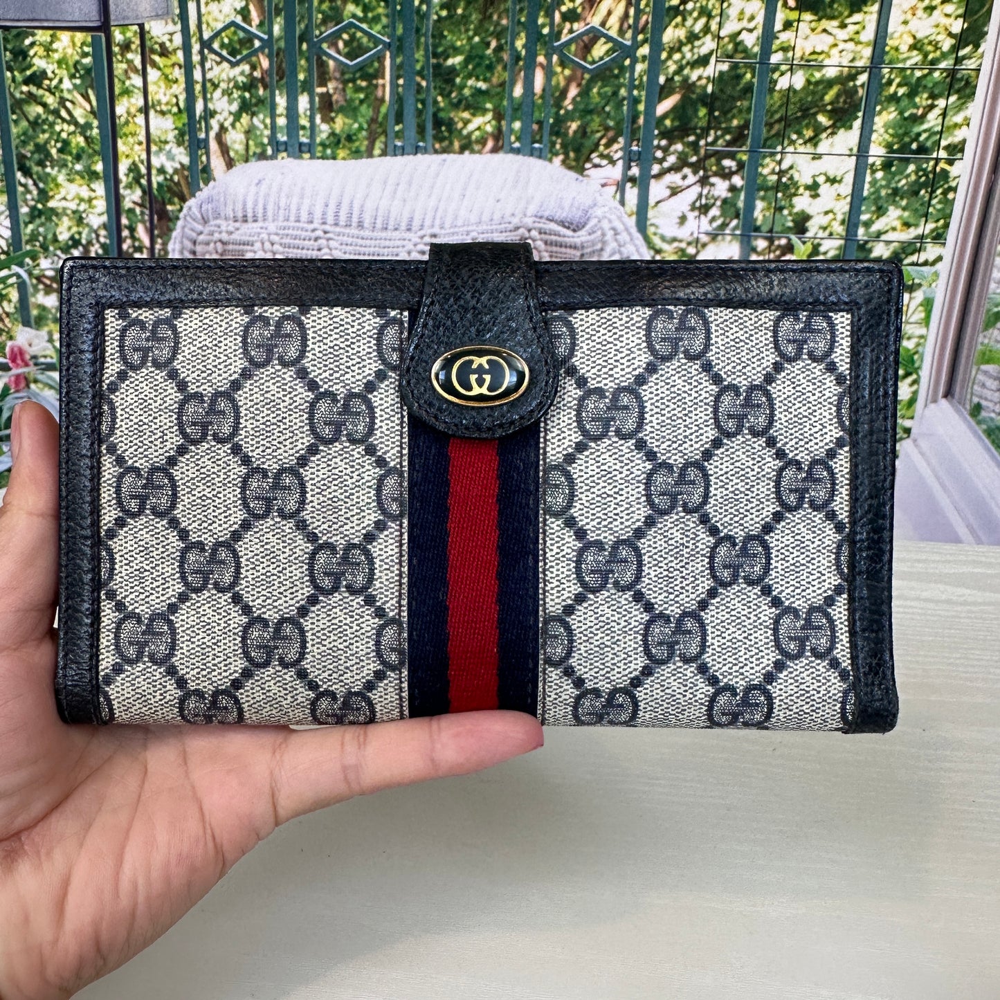 Gucci Vintage Supreme Web Long Trifold Wallet Navy Blue