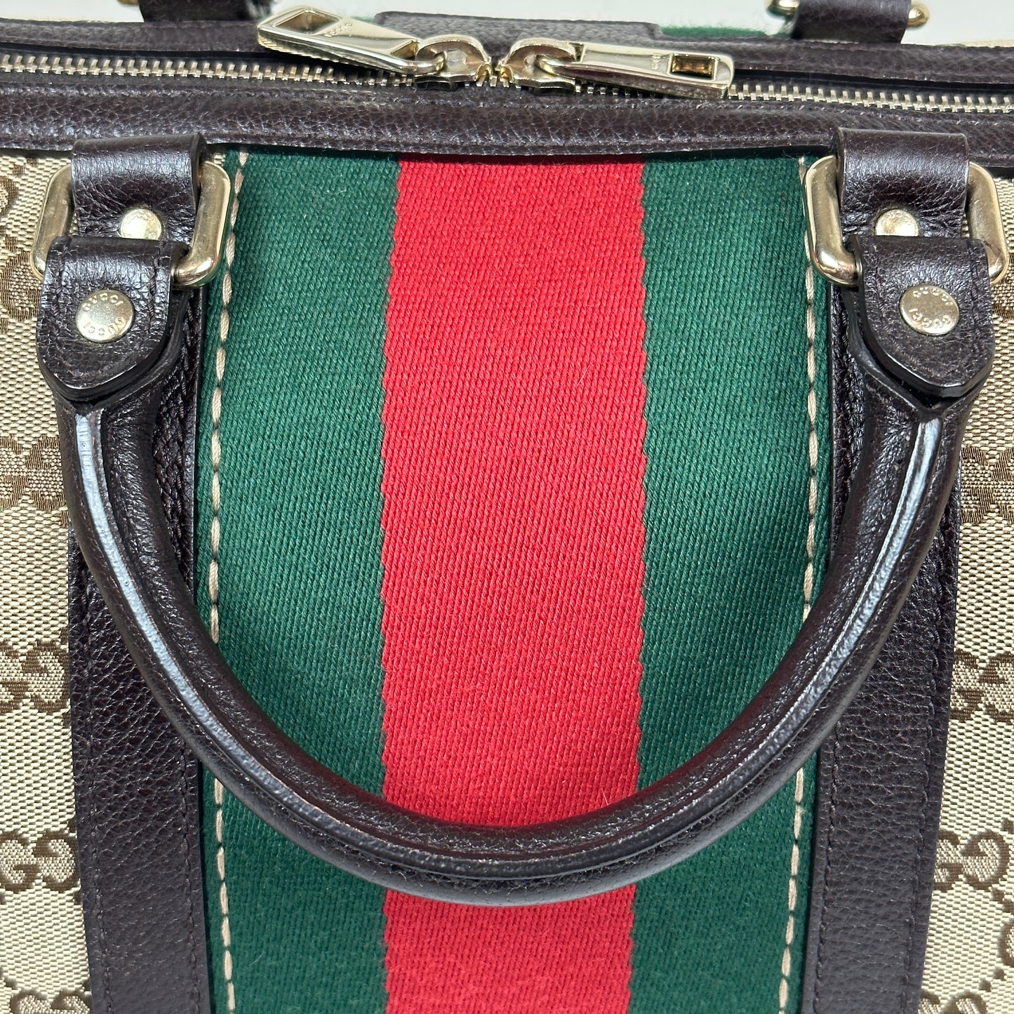 Gucci Vintage Bee Web Boston Bag Dark Brown