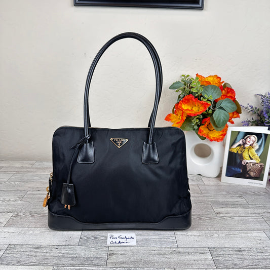 Prada Tessuto Nylon Calfskin Tote Black