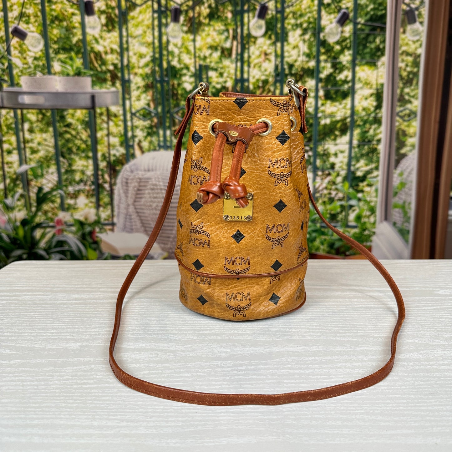 MCM Visetos Cognac Drawstring Mini Bucket Bag