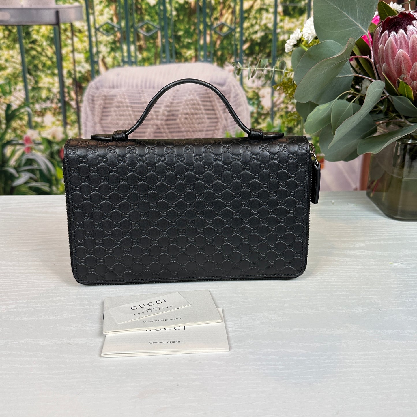 Gucci Black Microguccissima Zip Around Top Handle Travel Wallet