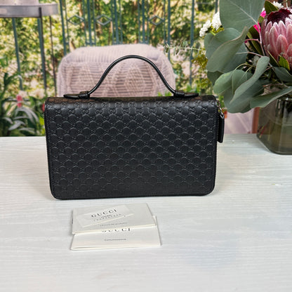 Gucci Black Microguccissima Zip Around Top Handle Travel Wallet