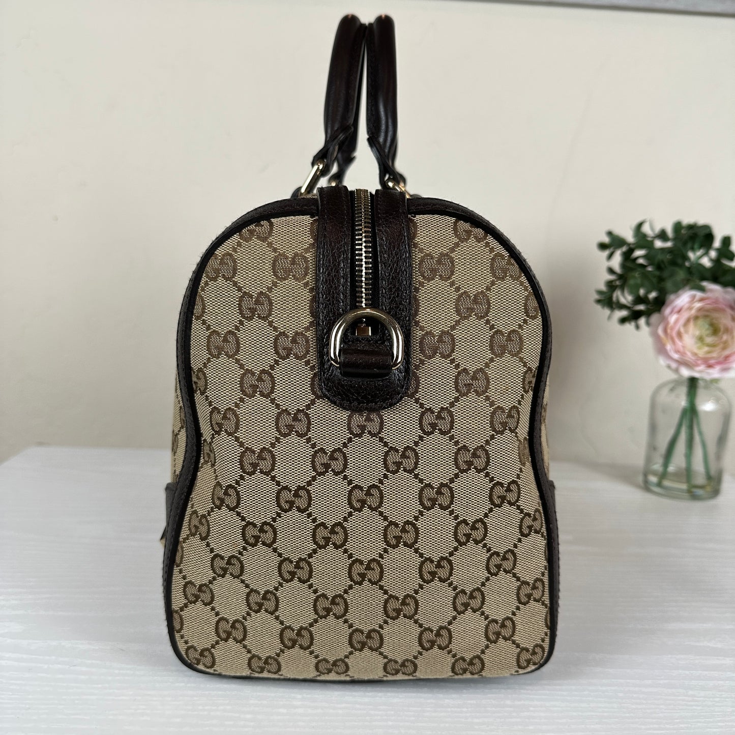 Gucci Vintage Bee Web Boston Bag Dark Brown