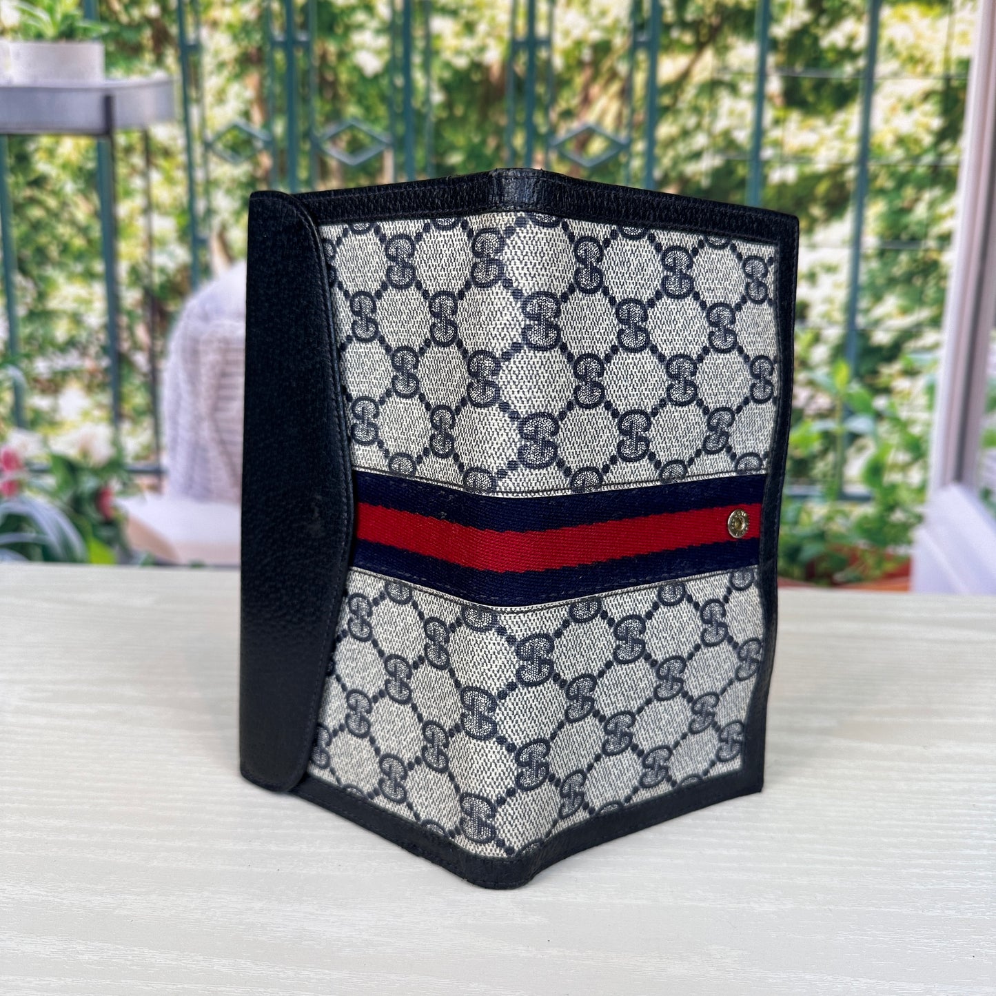 Gucci Vintage Supreme Web Long Trifold Wallet Navy Blue