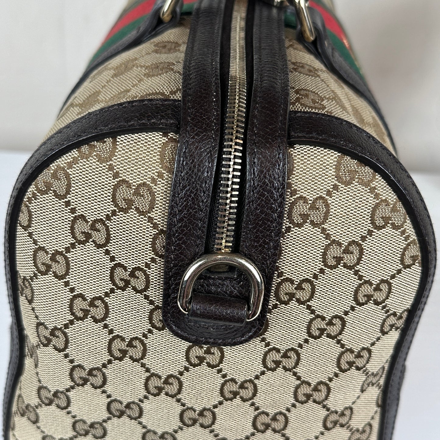 Gucci Vintage Bee Web Boston Bag Dark Brown