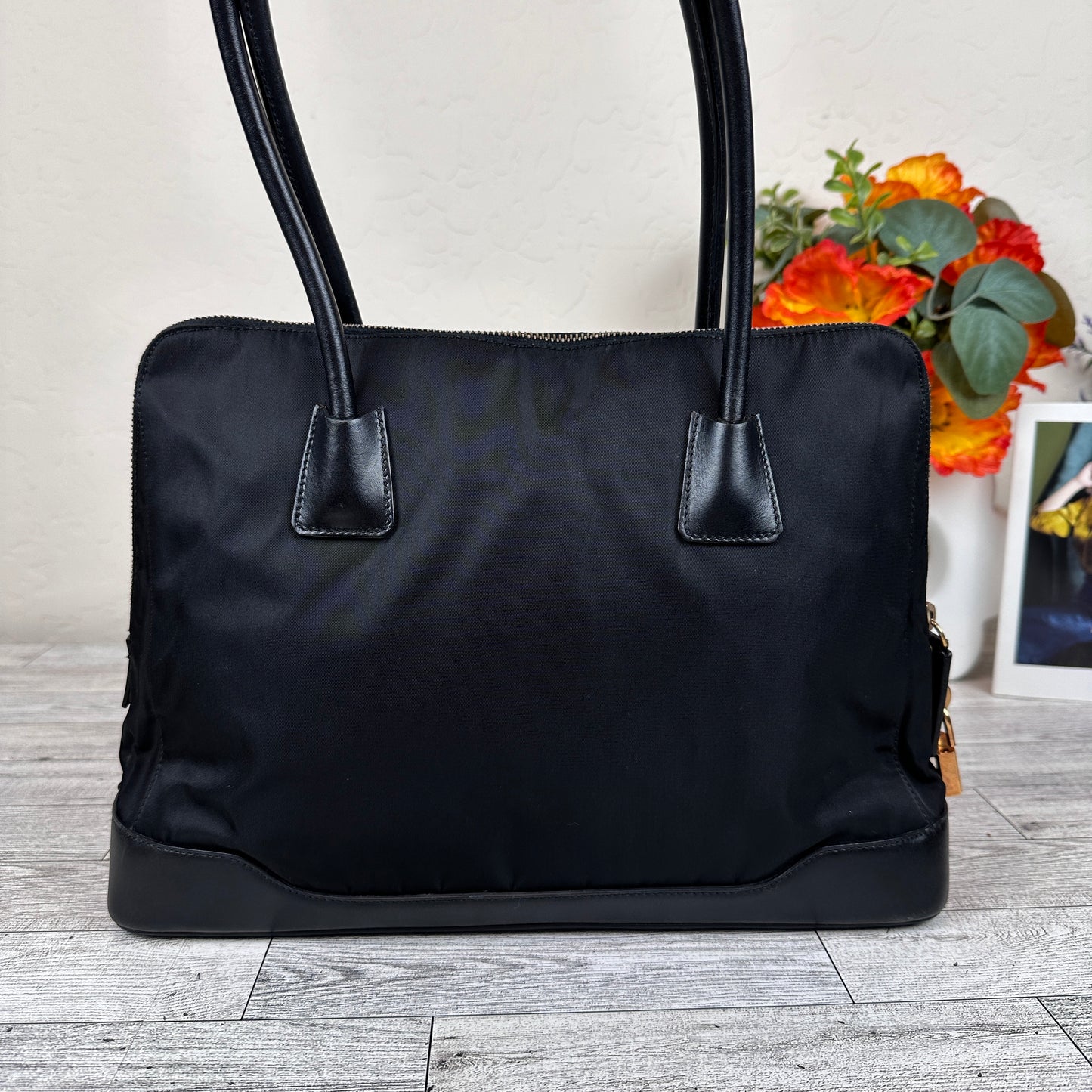 Prada Tessuto Nylon Calfskin Tote Black