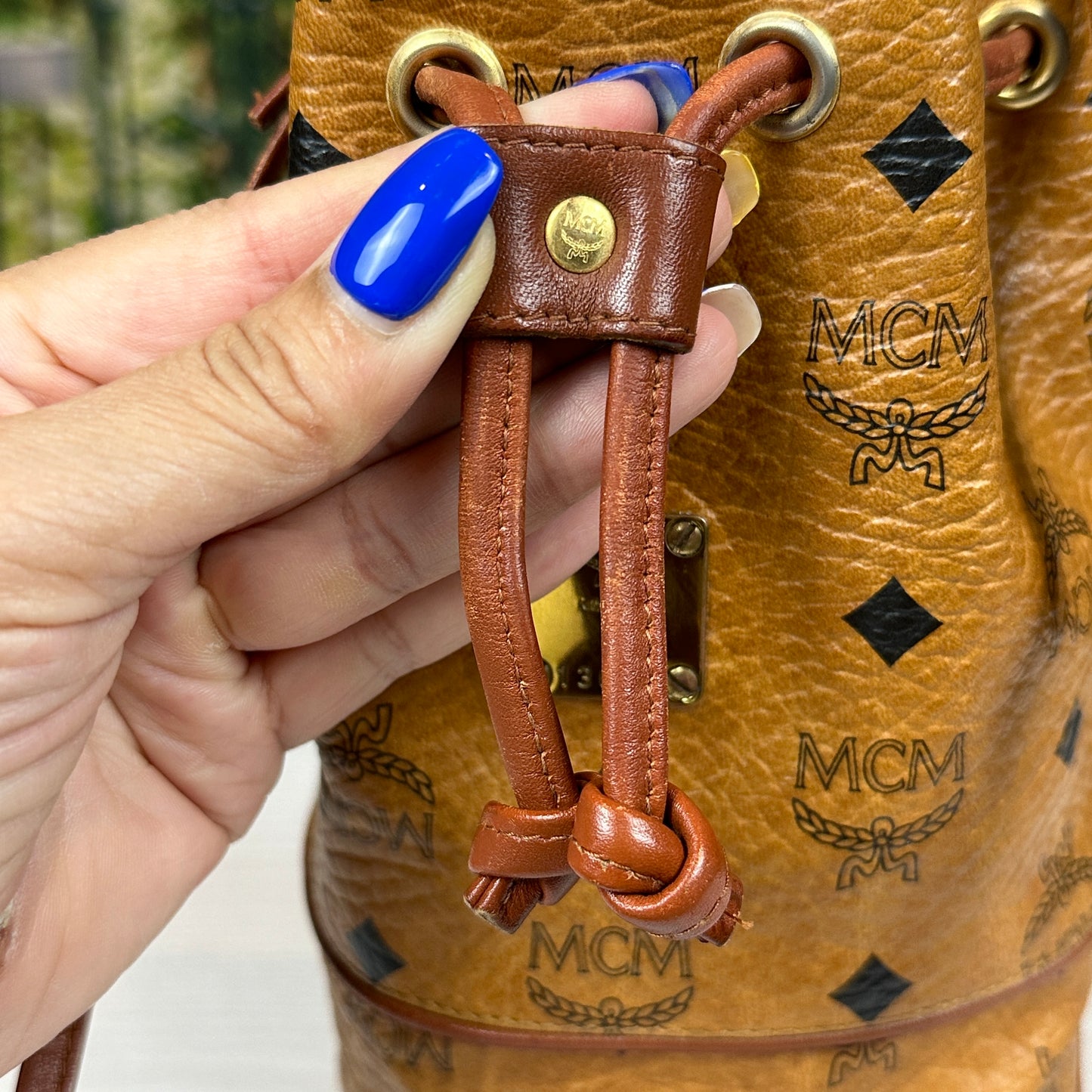 MCM Visetos Cognac Drawstring Mini Bucket Bag