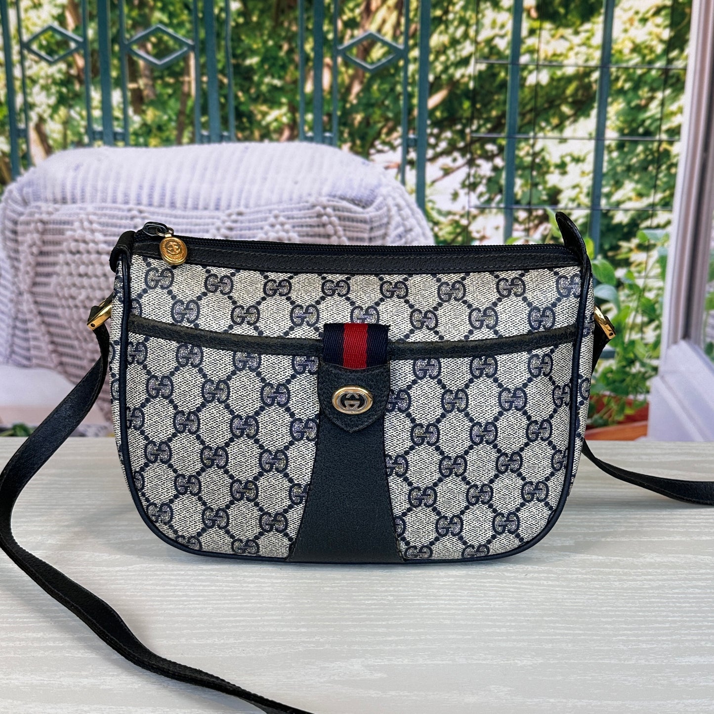 Gucci Vintage Supreme Web Crossbody Bag Navy Blue