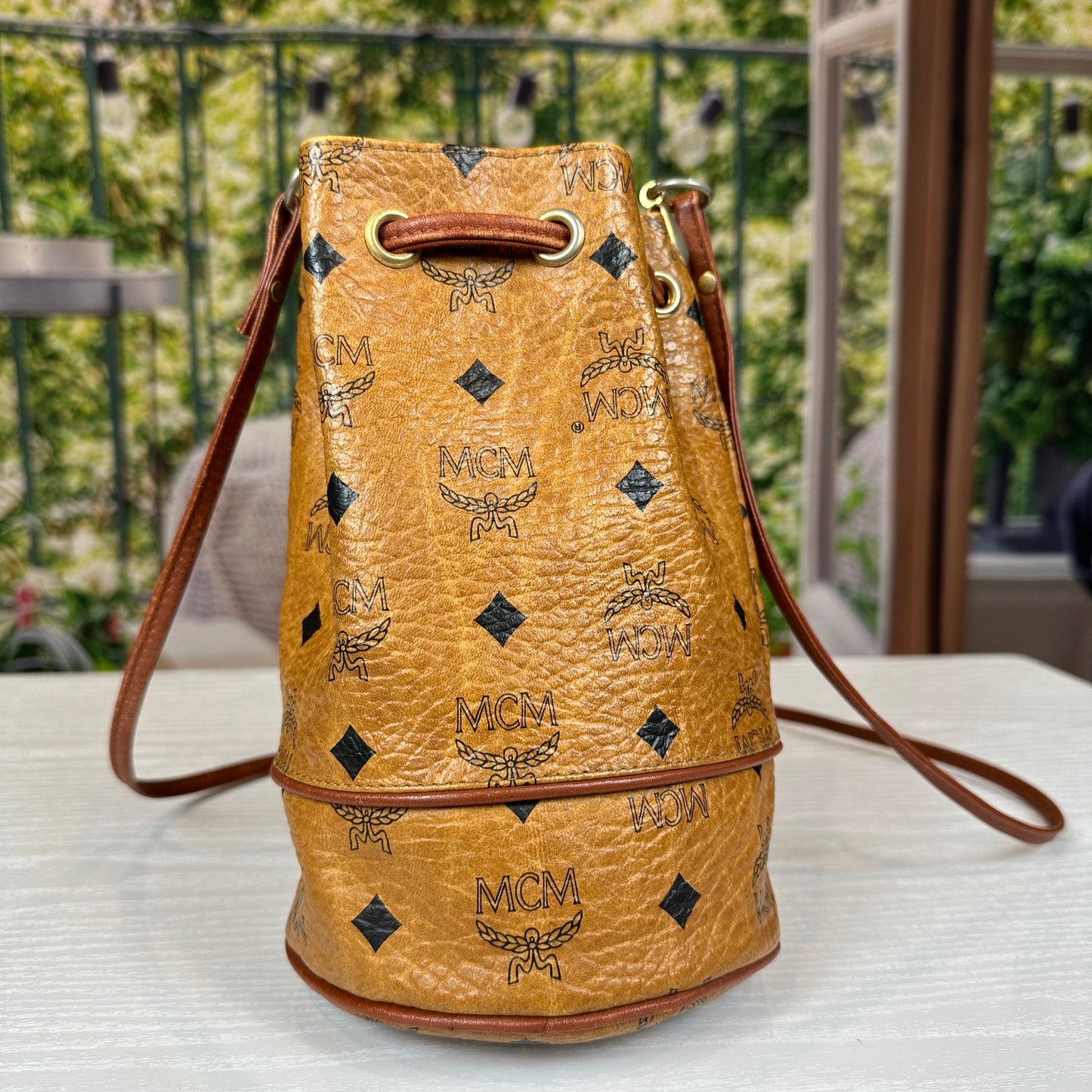 MCM Visetos Cognac Drawstring Mini Bucket Bag