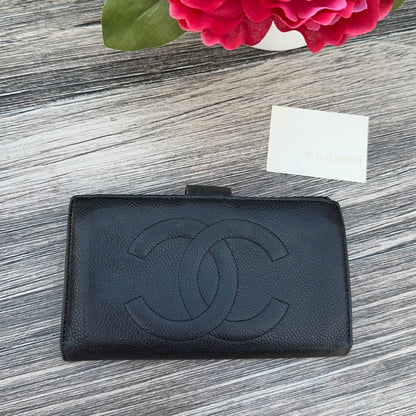 Chanel Black Caviar Leather Vintage Timeless CC French Wallet