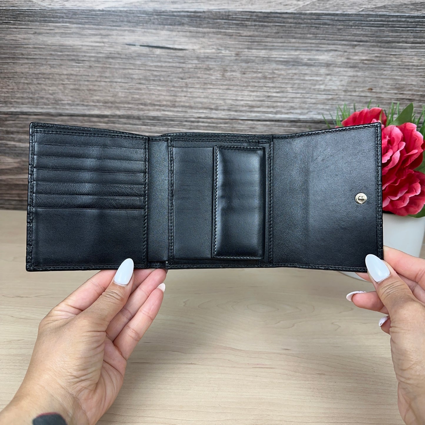 Gucci Black Micro GG Tri-fold Compact Wallet