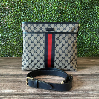 GUCCI GG Monogram Web Flat Messenger Bag Navy