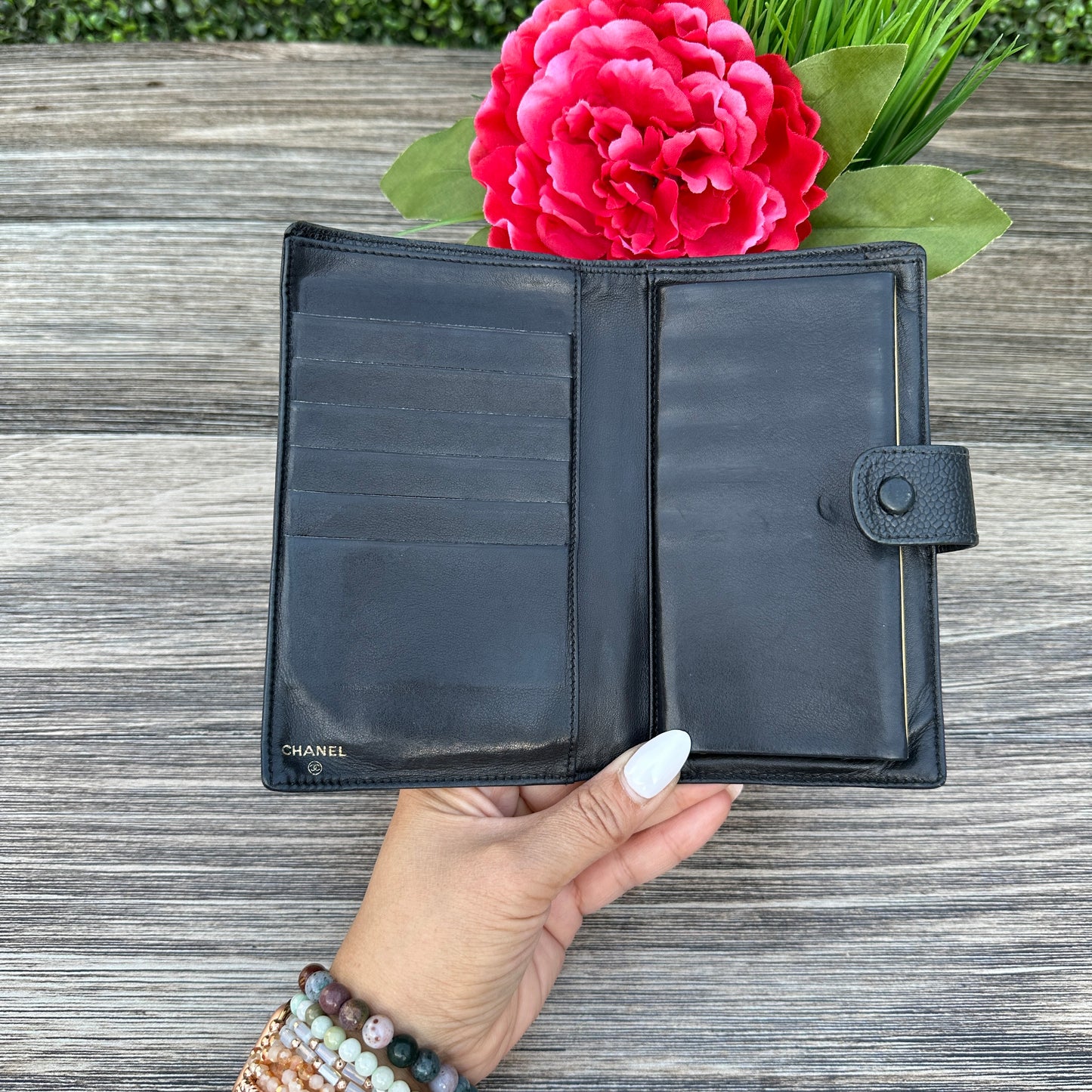 Chanel Black Caviar Leather Vintage Timeless CC French Wallet