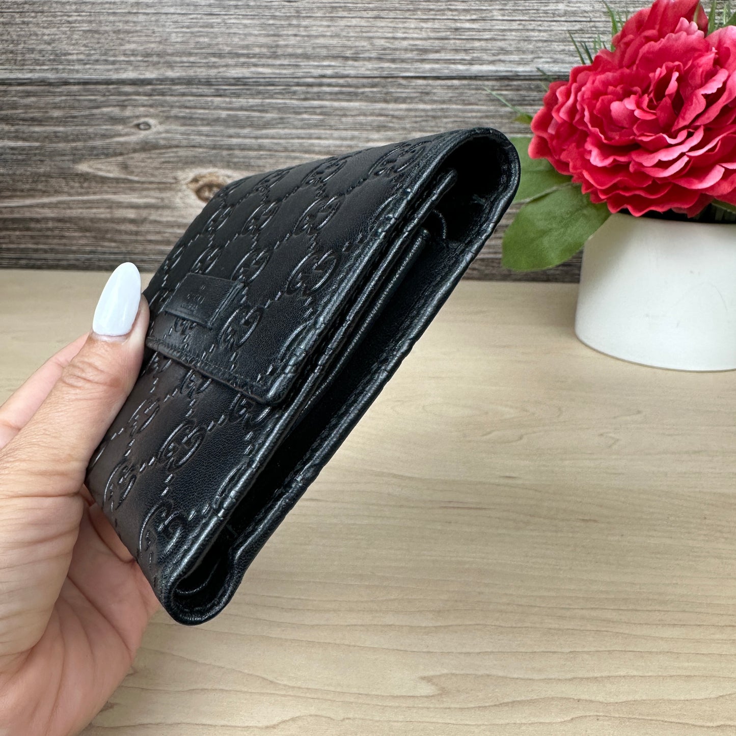 Gucci Black Micro GG Tri-fold Compact Wallet