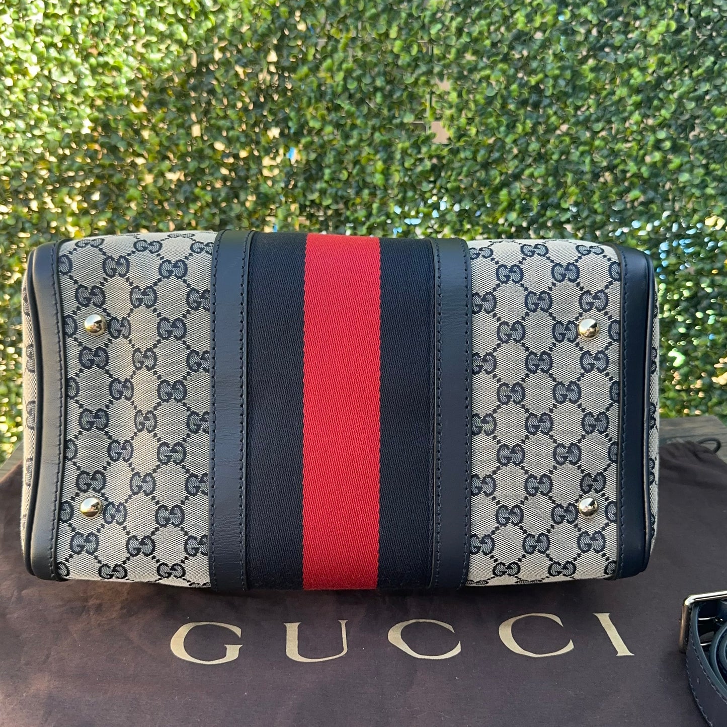 GUCCI NAVY BLUE BOSTON VINTAGE WEB CROSSBODY BAG