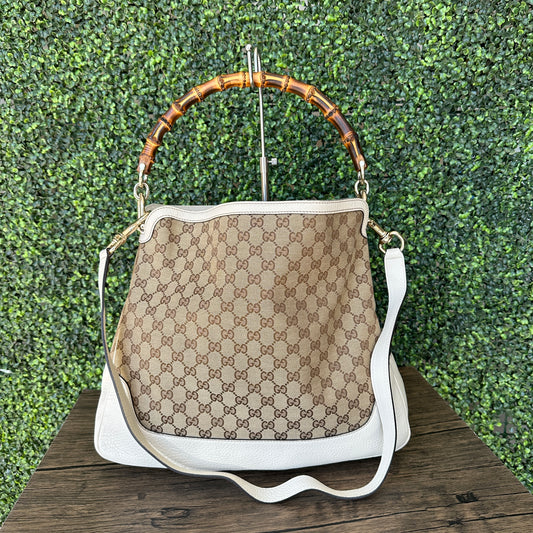 GUCCI Monogram Medium Diana Bamboo Shoulder Bag Off White with Strap