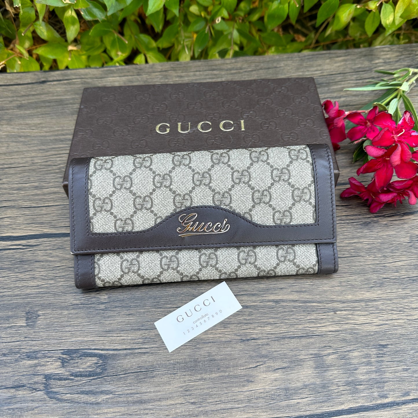 Gucci Coated Canvas Script Continental Wallet Dark Brown