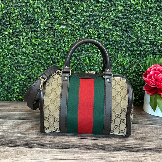 Gucci Vintage Web Small Boston Bag Dark Brown