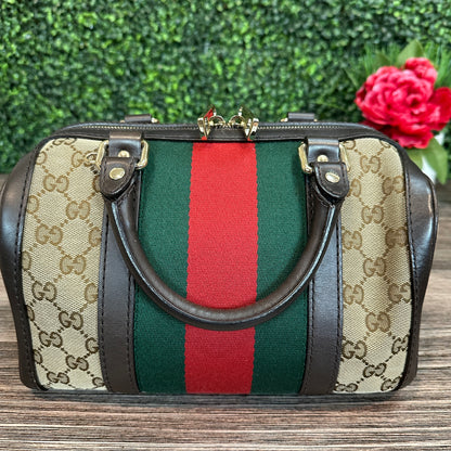 Gucci Vintage Web Small Boston Bag Dark Brown