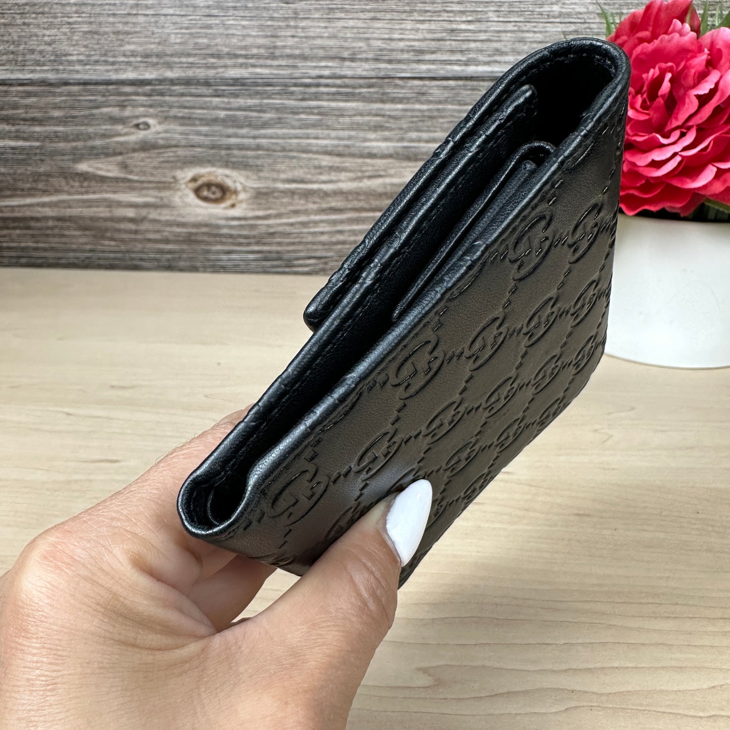 Gucci Black Micro GG Tri-fold Compact Wallet