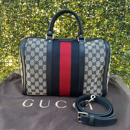 GUCCI NAVY BLUE BOSTON VINTAGE WEB CROSSBODY BAG