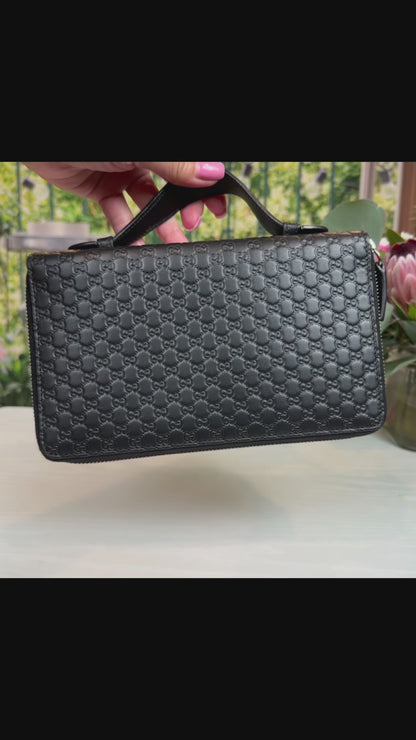 Gucci Black Microguccissima Zip Around Top Handle Travel Wallet