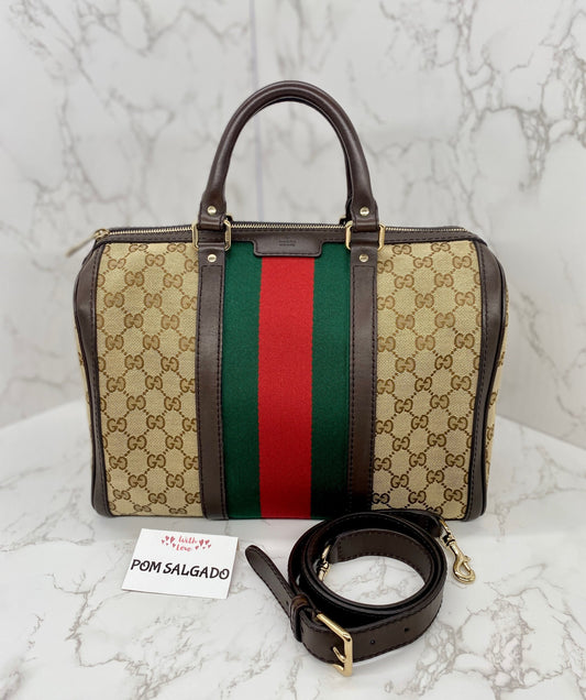 Gucci Boston Bag Medium Beige Red/Green Trim