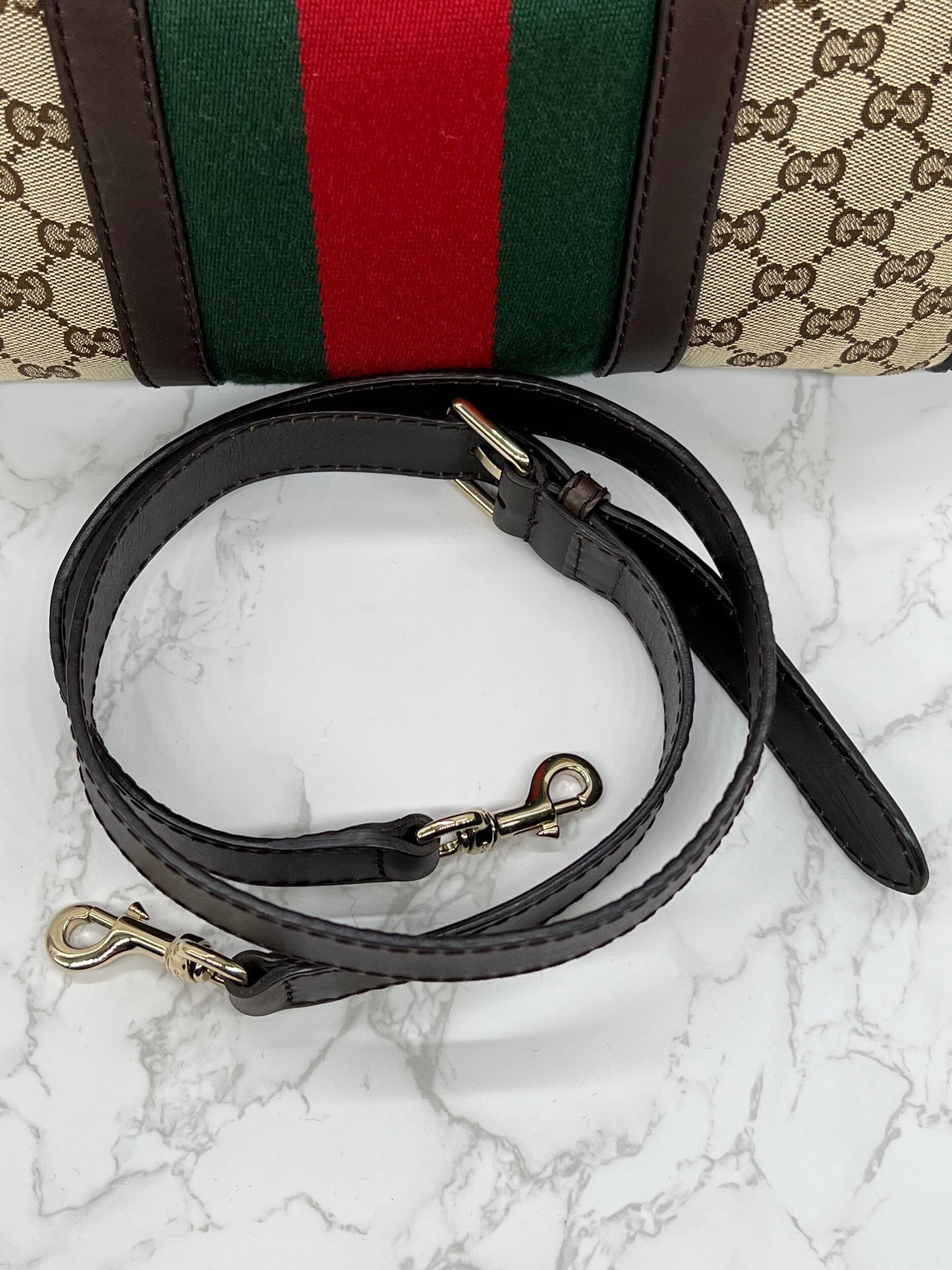 Gucci GG Vintage Web Medium Boston Dark Brown Red/Green w/Strap