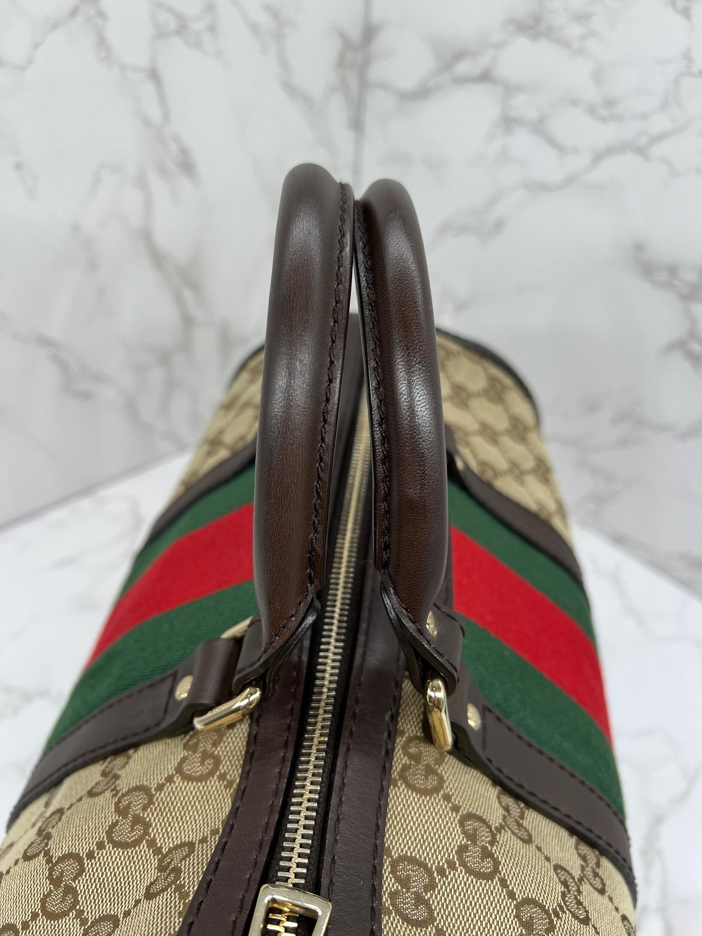 Gucci GG Vintage Web Medium Boston Dark Brown Red/Green w/Strap