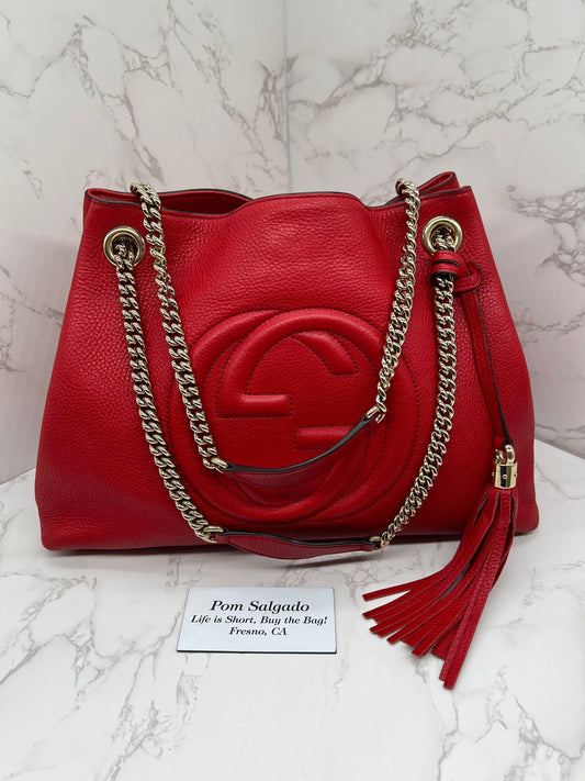 GG Medium Soho Double Chain Pebbled Leather Red