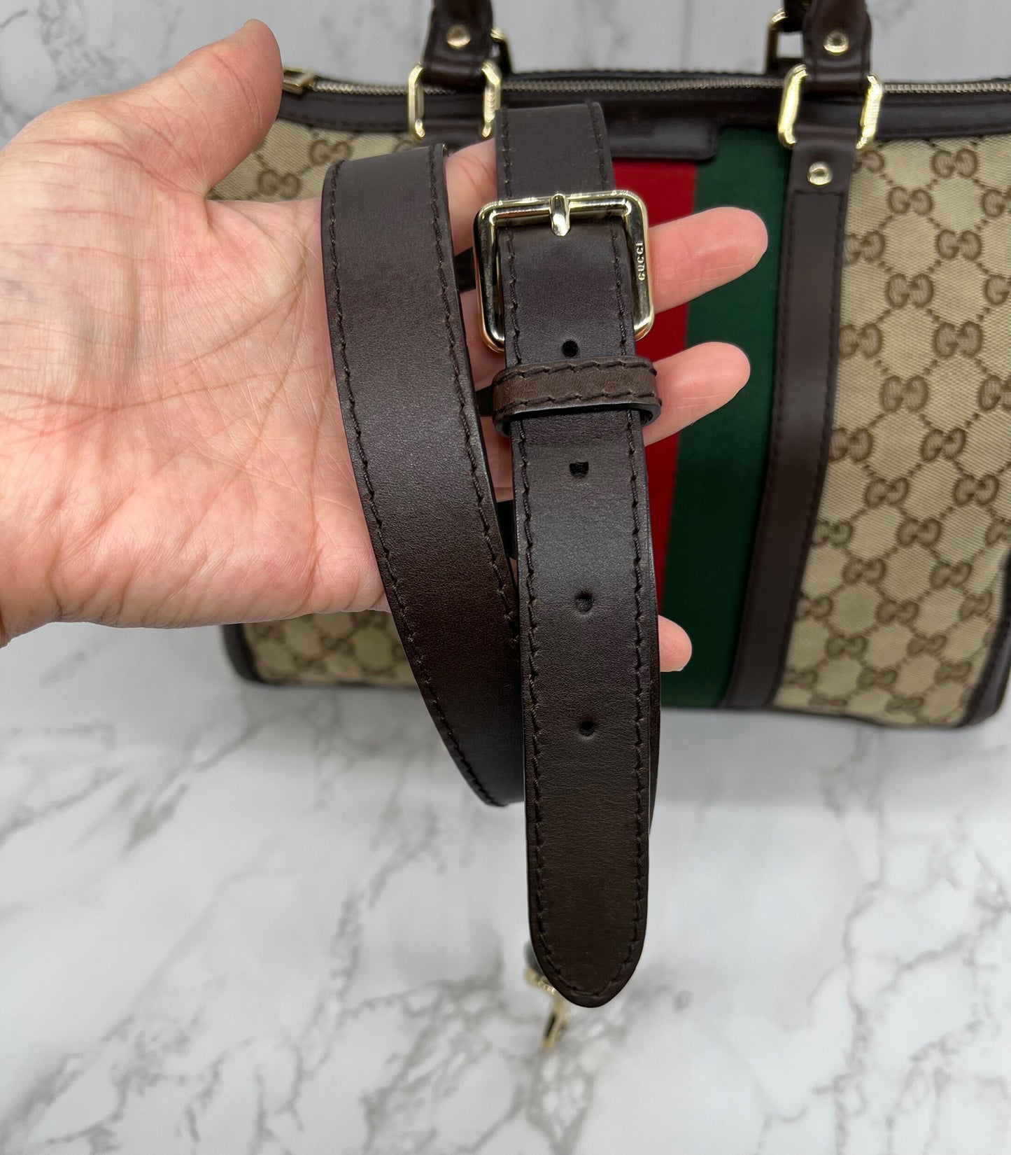 Gucci GG Vintage Web Medium Boston Dark Brown Red/Green w/Strap