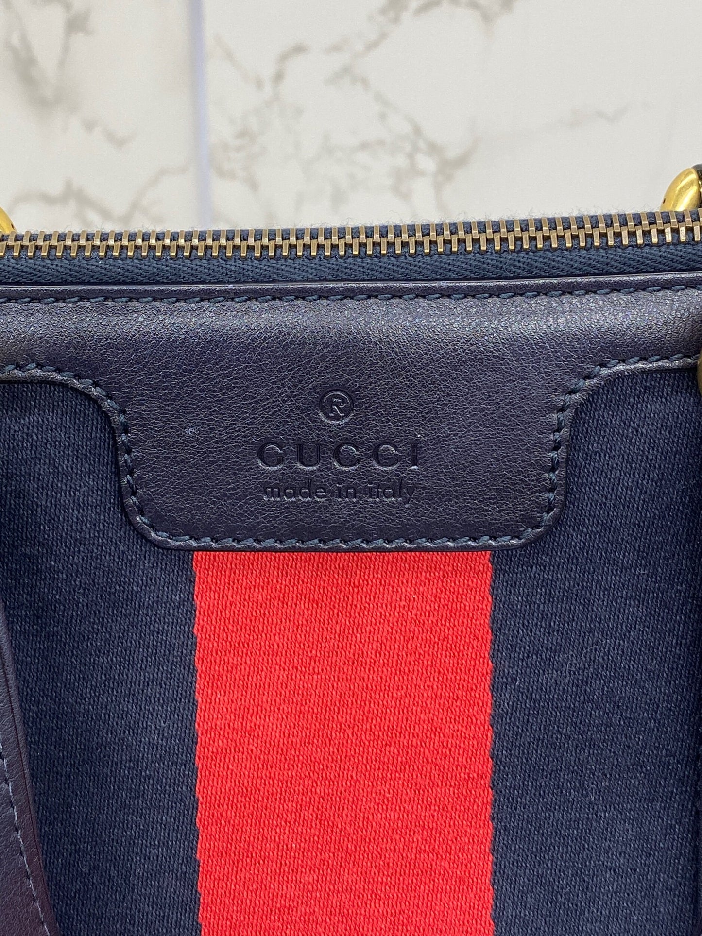 Gucci Navy Blue GG Rania Vintage Web Convertible Top Handle Bag Medium