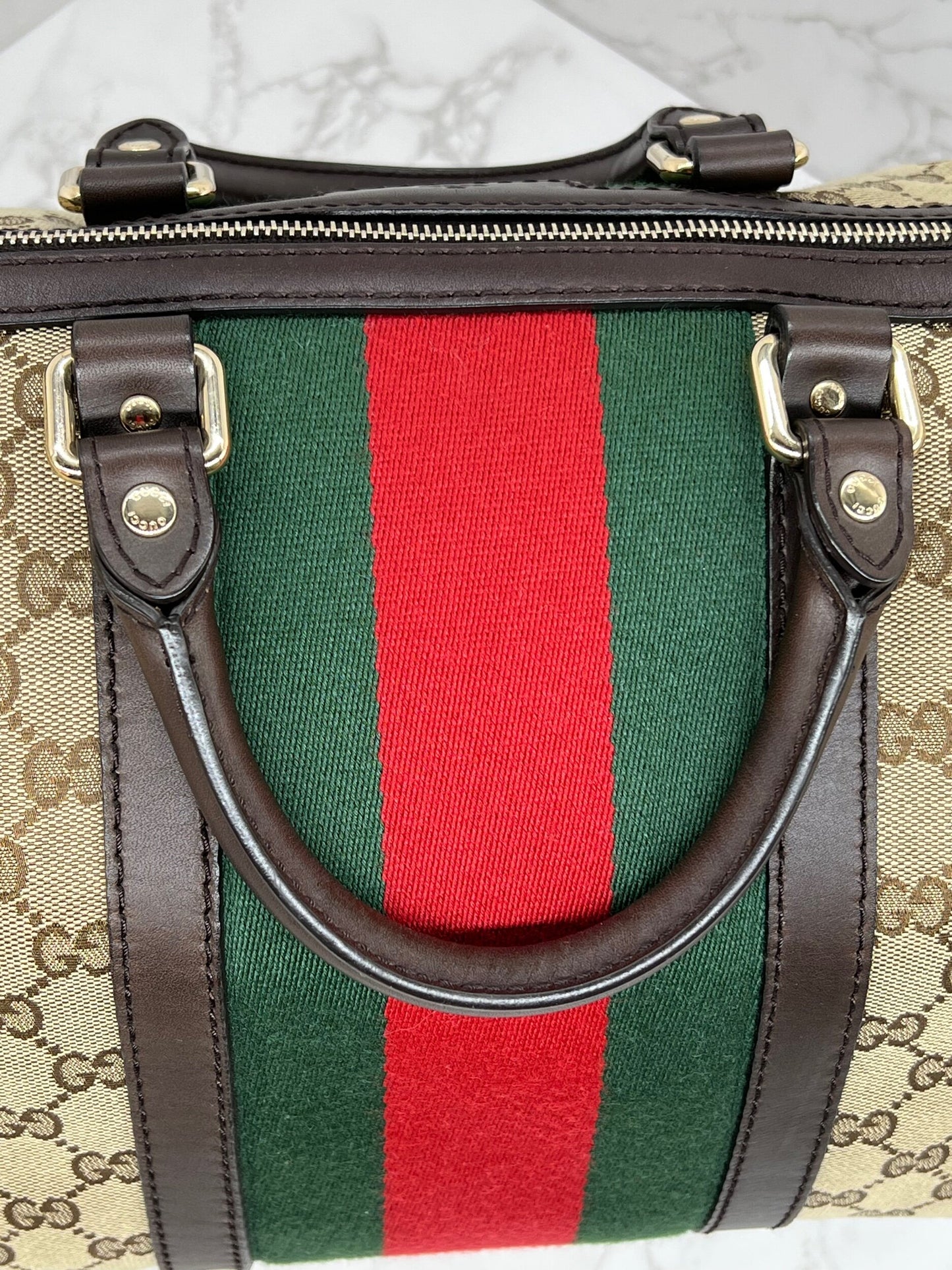 Gucci GG Vintage Web Medium Boston Dark Brown Red/Green w/Strap