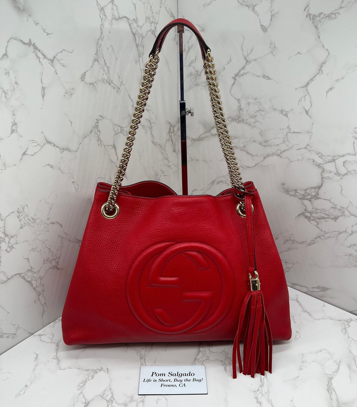 GG Medium Soho Double Chain Pebbled Leather Red
