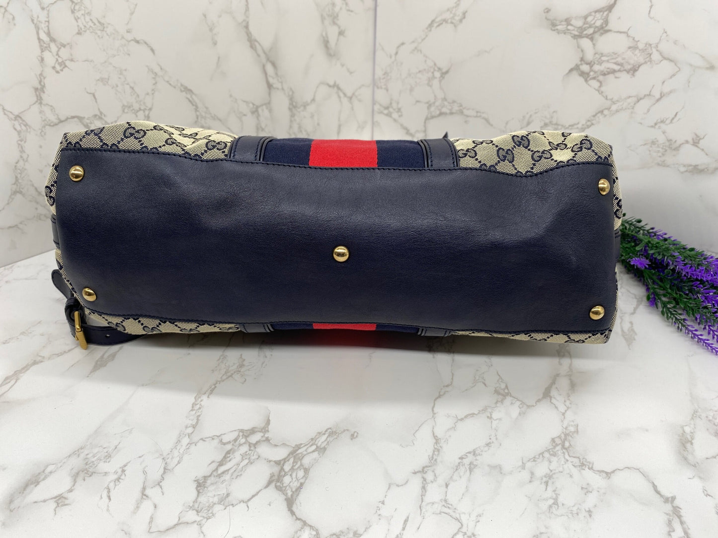 Gucci Navy Blue GG Rania Vintage Web Convertible Top Handle Bag Medium