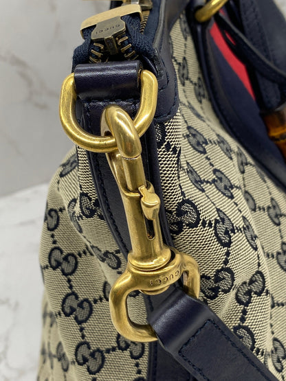 Gucci Navy Blue GG Rania Vintage Web Convertible Top Handle Bag Medium