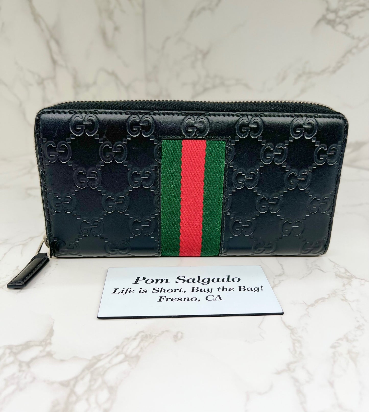 Gucci Web Stripe GG Black Guccissima Leather Zip Around Wallet