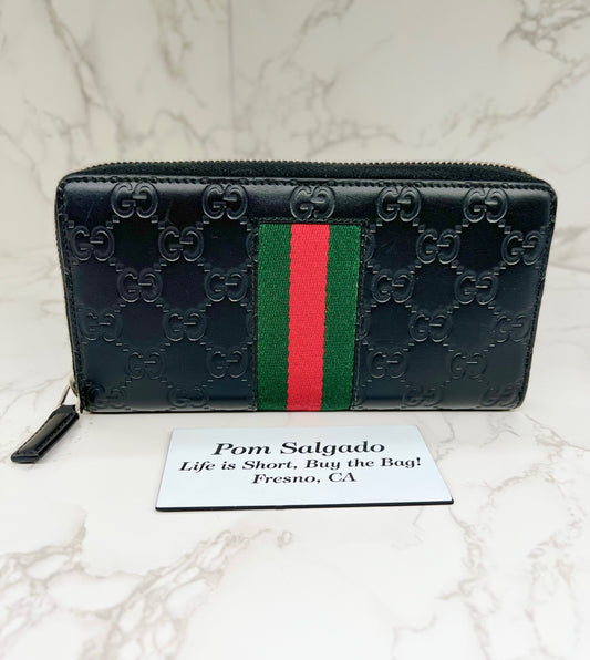 Gucci Web Stripe GG Black Guccissima Leather Zip Around Wallet