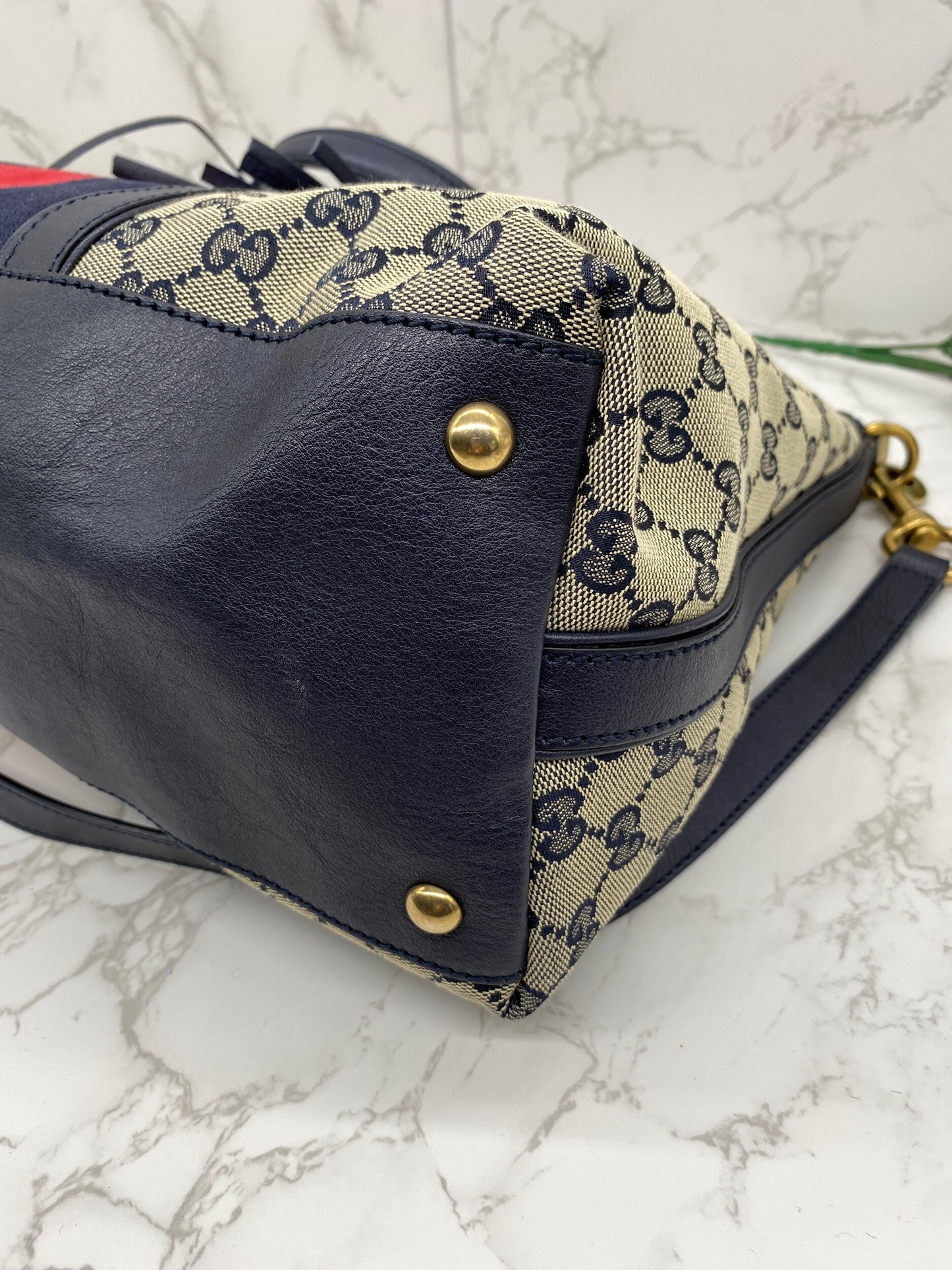 Gucci Navy Blue GG Rania Vintage Web Convertible Top Handle Bag Medium