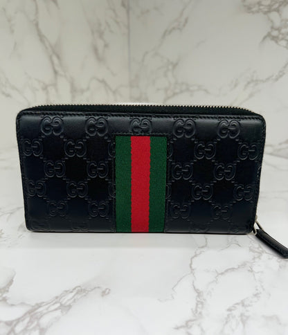 Gucci Web Stripe GG Black Guccissima Leather Zip Around Wallet