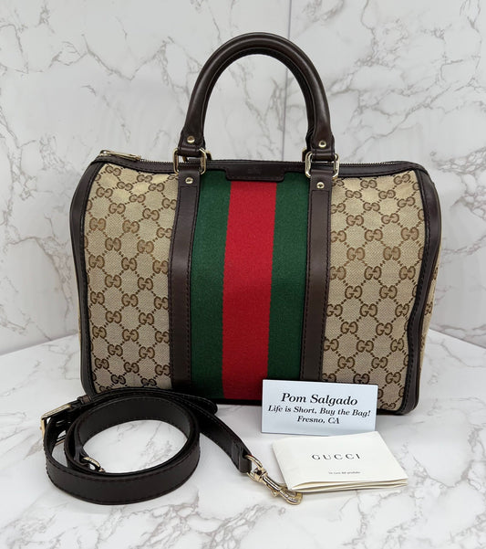 Gucci GG Vintage Web Medium Boston Dark Brown Red/Green w/Strap