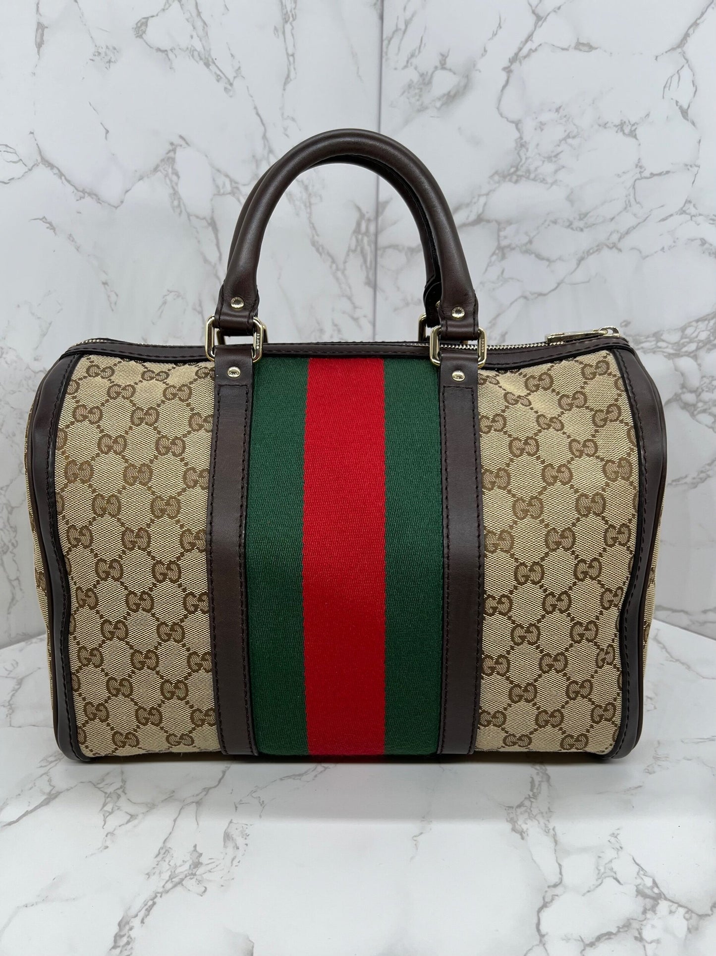 Gucci GG Vintage Web Medium Boston Dark Brown Red/Green w/Strap