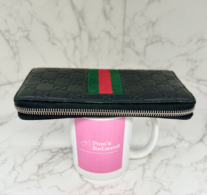 Gucci Web Stripe GG Black Guccissima Leather Zip Around Wallet