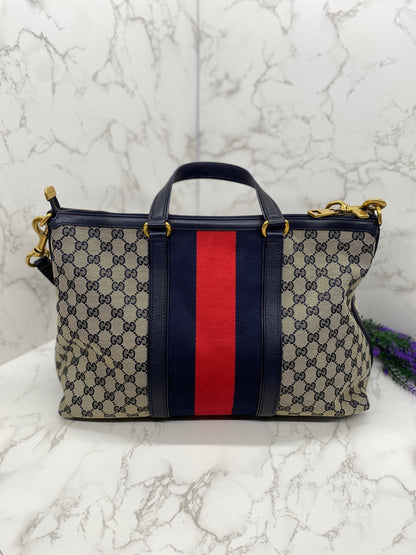 Gucci Navy Blue GG Rania Vintage Web Convertible Top Handle Bag Medium