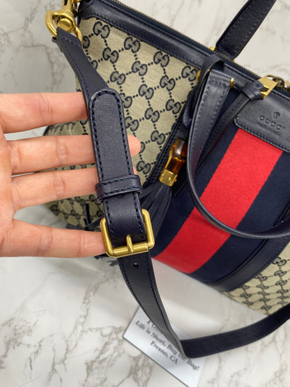 Gucci Navy Blue GG Rania Vintage Web Convertible Top Handle Bag Medium