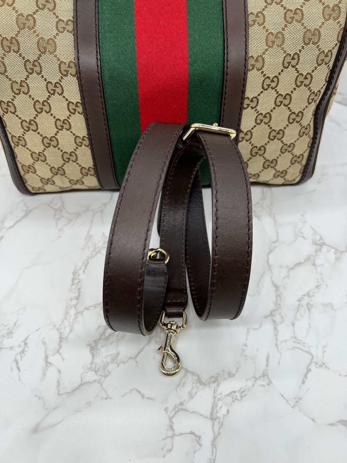 Gucci GG Vintage Web Medium Boston Dark Brown Red/Green w/Strap