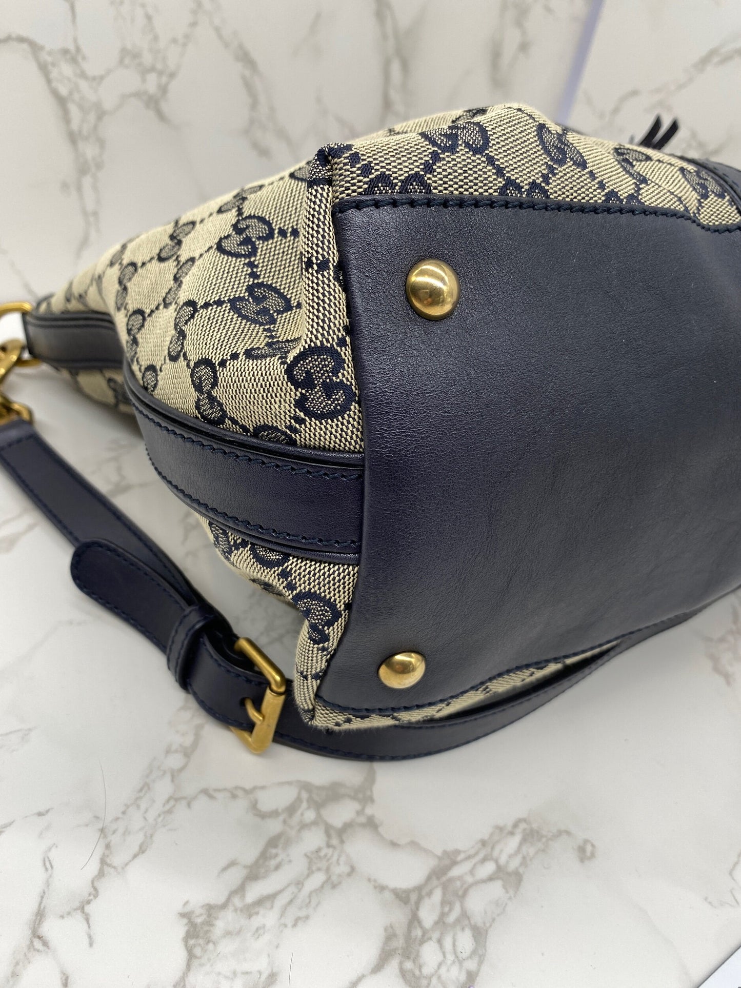 Gucci Navy Blue GG Rania Vintage Web Convertible Top Handle Bag Medium