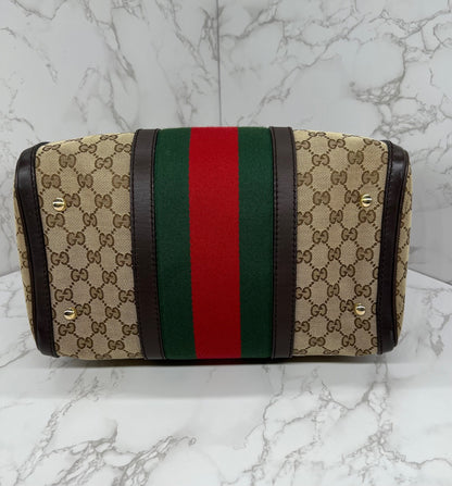 Gucci GG Vintage Web Medium Boston Dark Brown Red/Green w/Strap