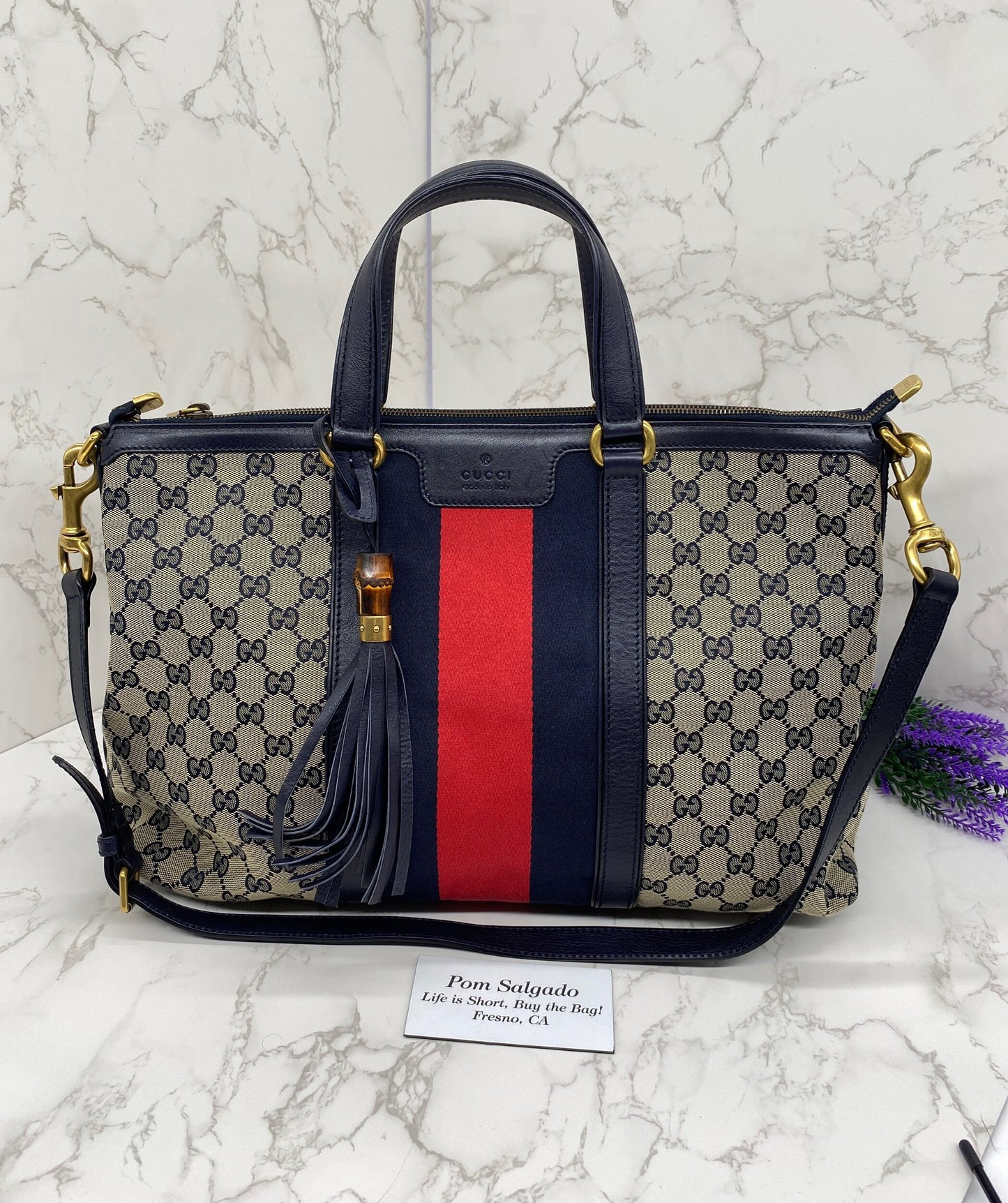 Gucci Navy Blue GG Rania Vintage Web Convertible Top Handle Bag Medium