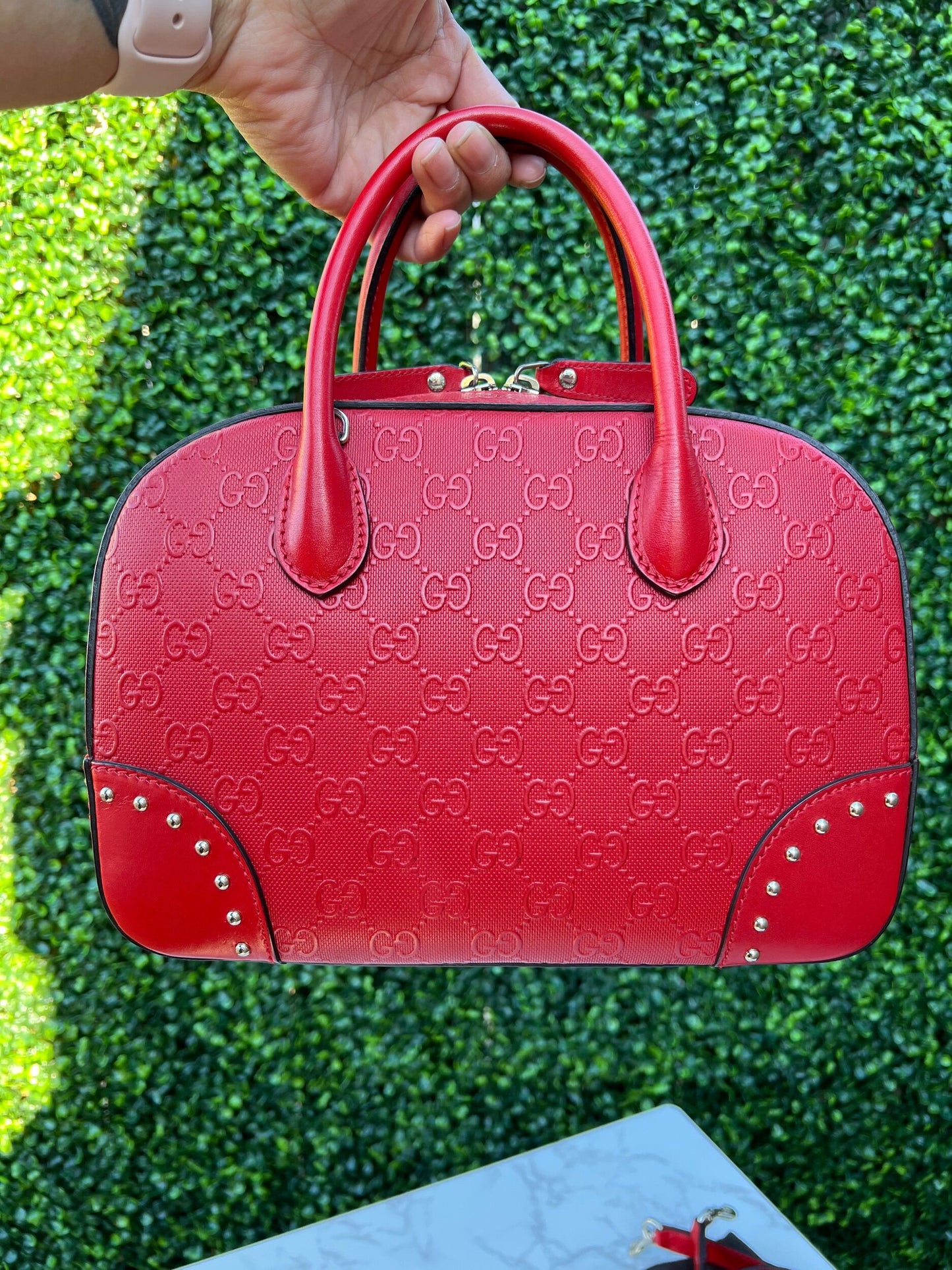 GG Red Diamante Top Handle Leather Shoulder Bag